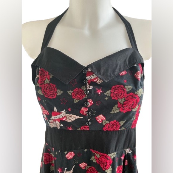 Hot Topic Pin Up Traditional Tattoo Skull Roses Dice Dagger Wing Heart Dress L - Picture 10 of 12